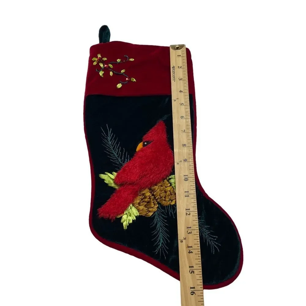 Santa’s Best 3D Red Cardinal on Branch Embroidered Velvet Christmas Stocking